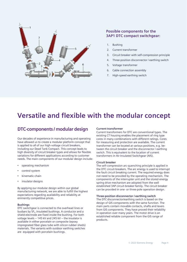 Possible components of the 3AP1 DTC compact switchgear: bushing, current transformer, self-compression circuit breaker, three-position disconnector/earthing switch, voltage transformer, cable connection assembly, and high-speed earthing switch