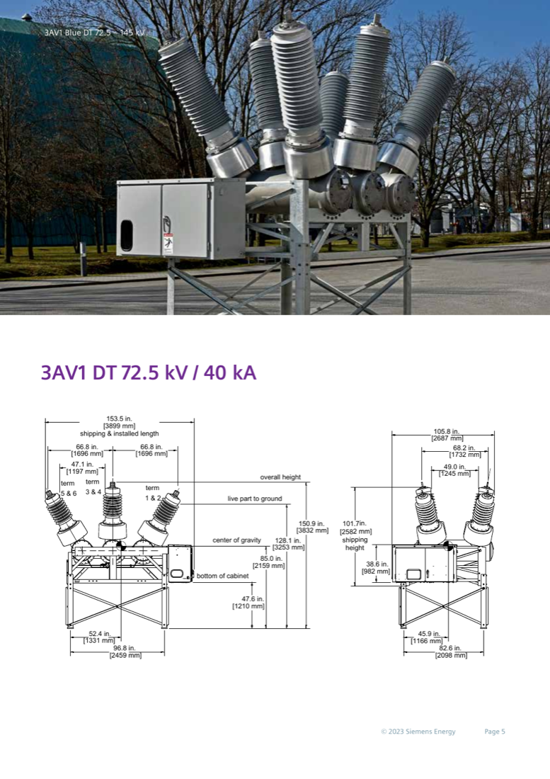 3AV1 DT 72.5 kV / 40 kA — installed unit photo and dimensional drawings (front and side views, inches and mm)