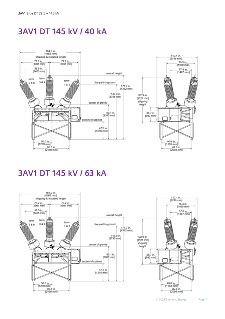 3AV1 DT 145 kV / 40 kA and 145 kV / 63 kA — dimensional drawings (front and side views)