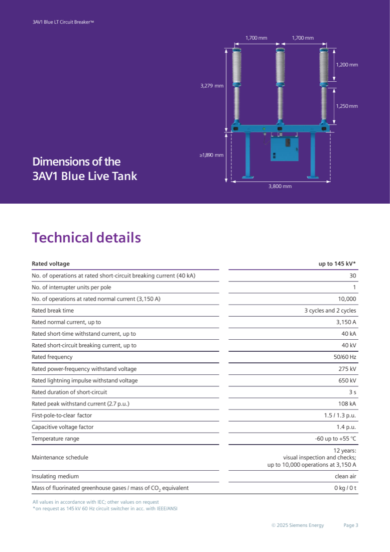 Dimensional drawing of the 3AV1 Blue Live Tank and full IEC technical ratings table (up to 145 kV, 40 kA, 3,150 A)
