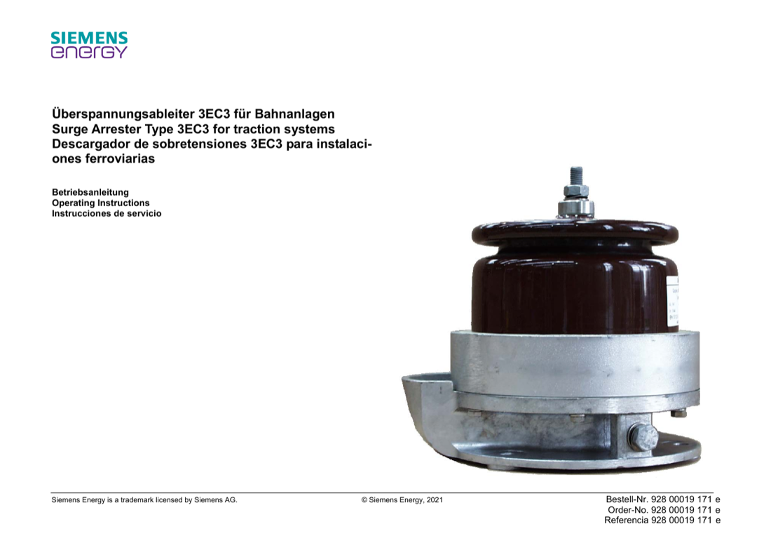 Title page with product photograph of the 3EC3 surge arrester (porcelain housing on galvanised base flange with gas diverter)