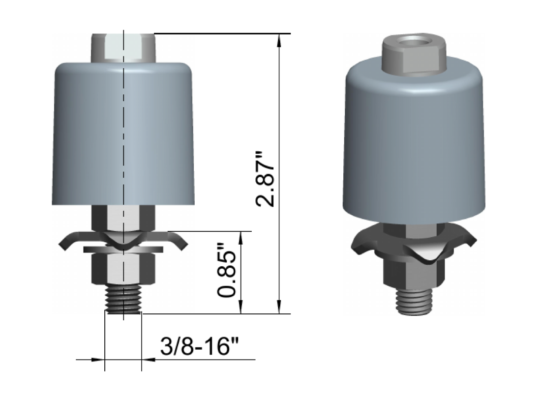 IEEE disconnector detail — 3/8-16" stud with lock washer, 2.87" overall height, 0.85" stud section
