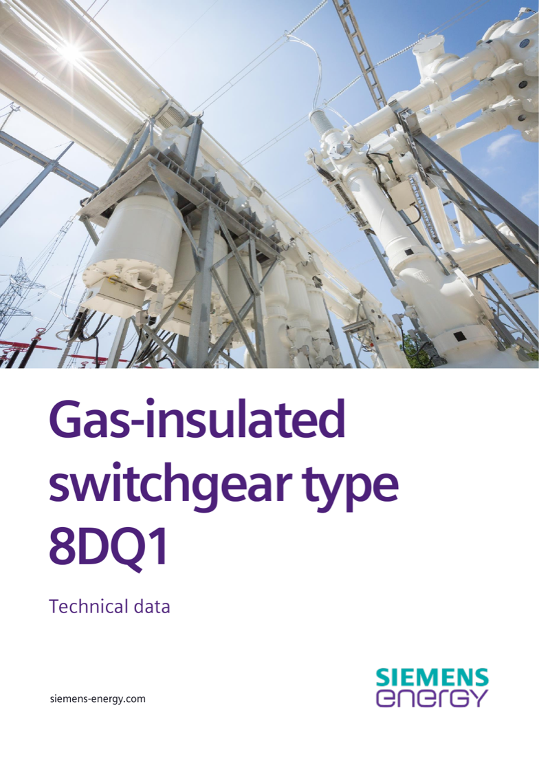 Cover of the 8DQ1 technical datasheet showing an outdoor 8DQ1 gas-insulated switchgear installation.