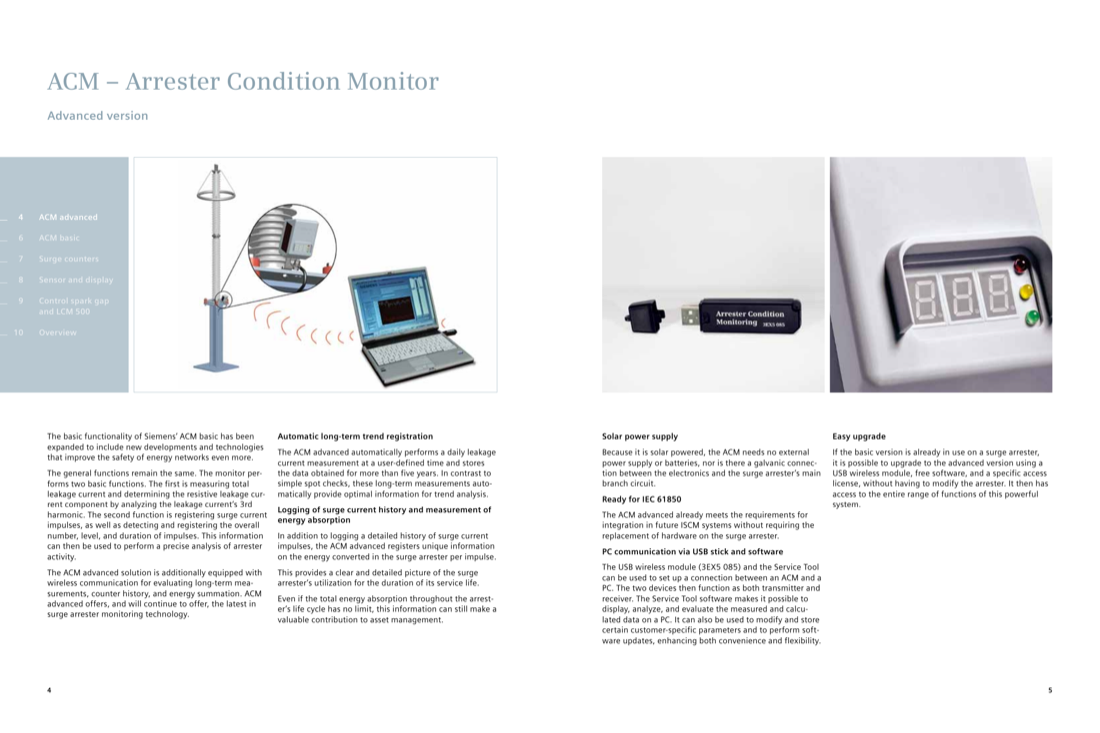 ACM advanced: wireless data readout from the pole-mounted monitor to a PC via the 3EX5 085 USB wireless module, plus the traffic-light LED display