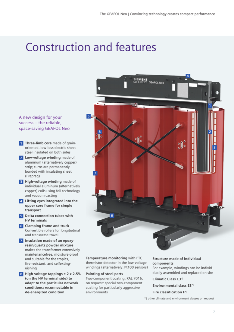 Construction and features — annotated view of the GEAFOL Neo: three-limb core, LV strip and HV foil windings, delta connection tubes, clamping frame and truck, HV tappings.