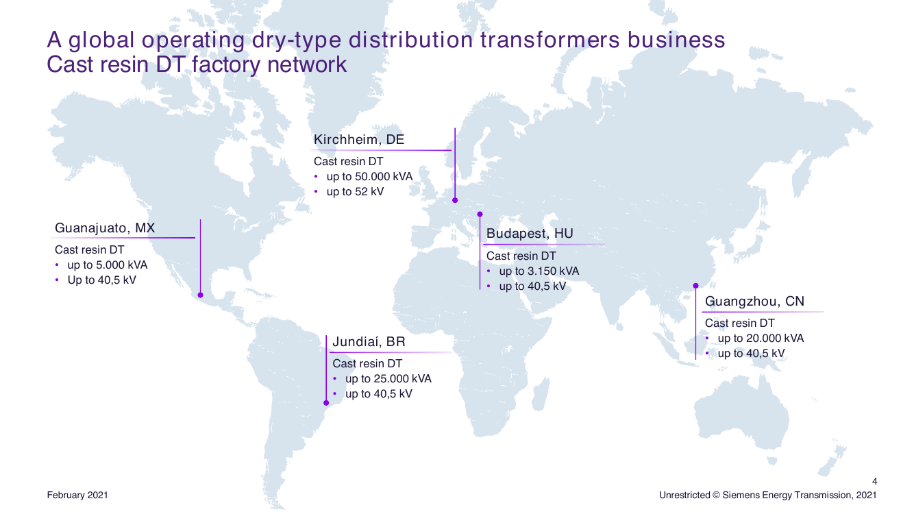 Global cast-resin DT factory network map: Kirchheim (DE), Jundiaí (BR), Guangzhou (CN), Guanajuato (MX), Budapest (HU) with per-plant kVA/kV capacities (page 4).