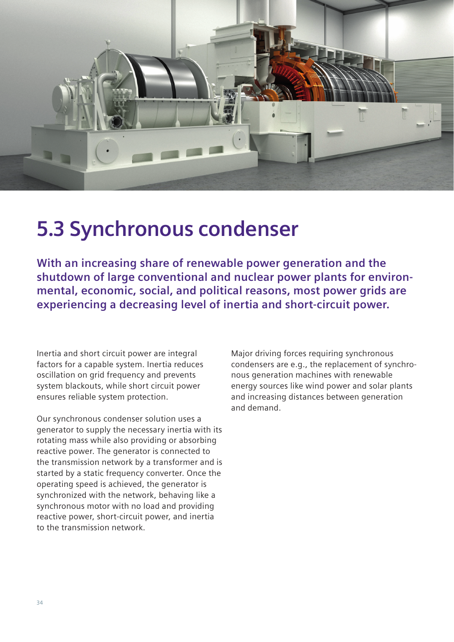 Synchronous condenser — cutaway rendering of the machine set (flywheel mass and generator with exposed rotor/stator) in its hall, atop the §5.3 introduction: a generator supplies inertia with its rotating mass while providing or absorbing reactive power, short-circuit power and inertia to the transmission network (brochure page 34).