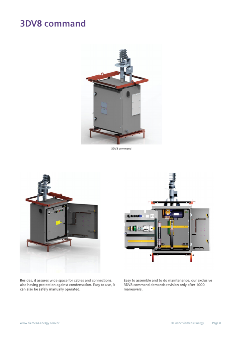 3DV8 command operating mechanism cabinet: condensation-protected, manually operable, revision required only after 1000 manoeuvres.