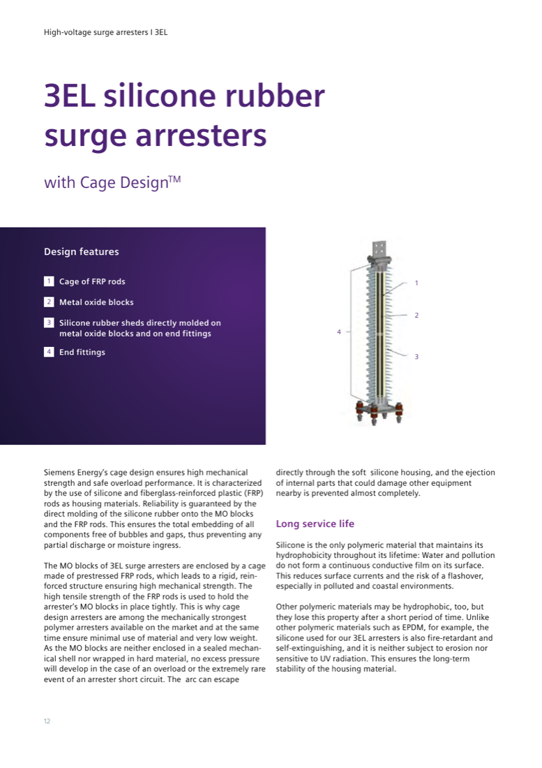 3EL silicone rubber surge arrester with Cage Design: cutaway showing the cage of FRP rods, metal oxide blocks, silicone rubber sheds molded directly onto MO blocks and end fittings (source: page 12).