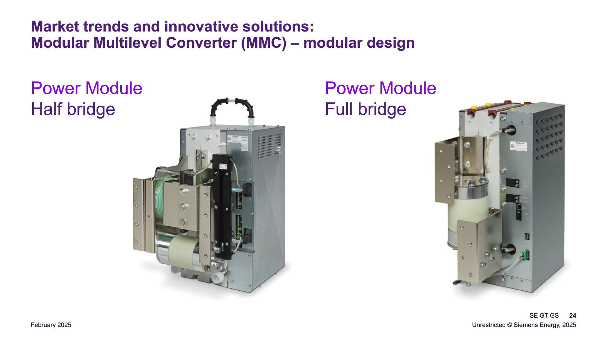 Power module product photographs: half bridge (left) — the preferred solution for cable transmission without OHL — and full bridge (right), adding DC fault-current clearing capability for OHL transmission (slides 23–24).