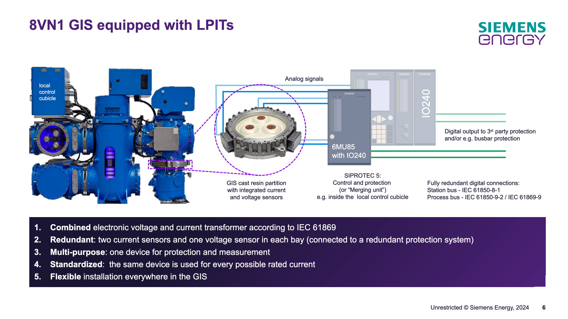 8VN1 Blue GIS equipped with LPITs: bay photo, sensor partition detail and the signal chain to SIPROTEC 5 with IO240 (merging unit in the local control cubicle) with redundant IEC 61850-8-1 station bus and IEC 61850-9-2 / IEC 61869-9 process bus (slide 6).