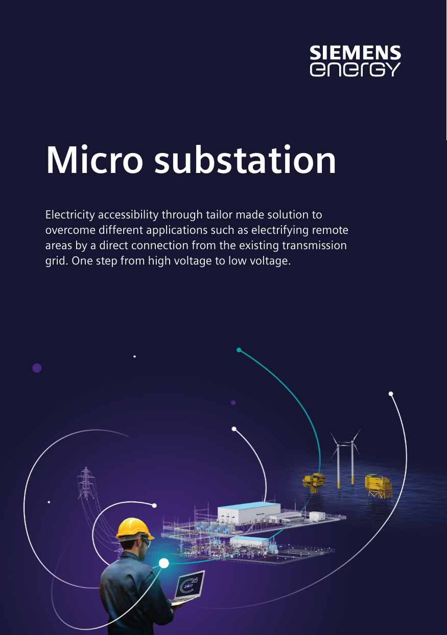 Brochure cover: Micro substation — electricity accessibility through a tailor-made solution, one step from high voltage to low voltage (page 1).