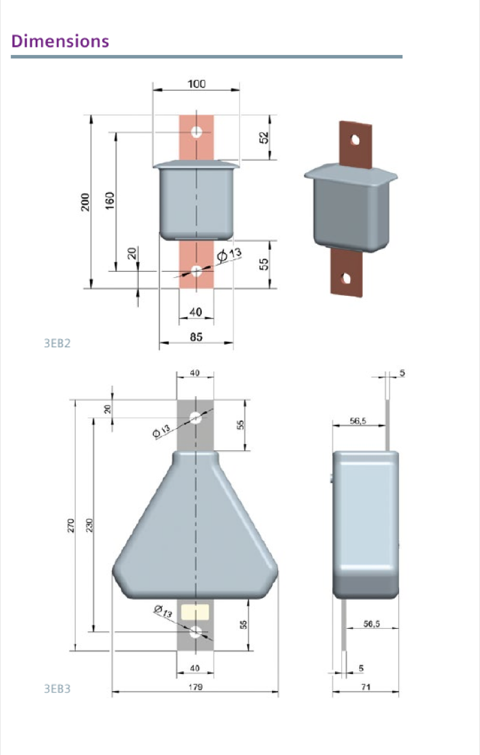 Dimension drawings of the 3EB2 (height 200 mm) and 3EB3 (height 270 mm) surge arresters with terminal-strap details (all dimensions in mm).