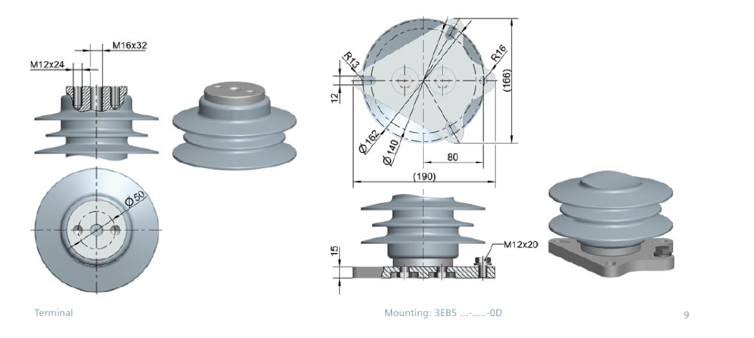 Terminal detail (M12x24 / M16x32 tapped holes, Ø 50 mm terminal face) and -0D mounting flange (Ø 140/Ø 162 mm bolt pattern, M12x20 bolts).