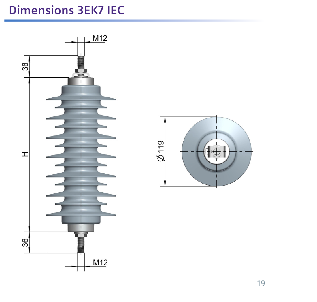 Dimensions 3EK7 IEC — side and top view with M12 stud terminals (36 mm each end), variable housing height H, and 119 mm shed diameter.