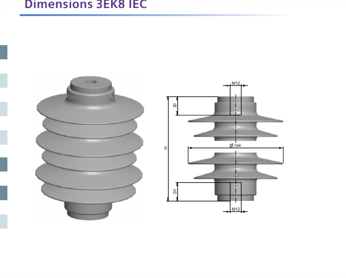 Dimensions of the 3EK8 IEC arrester: product view and dimensional drawing — shed diameter Ø 104 mm, height H per variant, M12 terminals top and bottom with 20 mm thread depth.