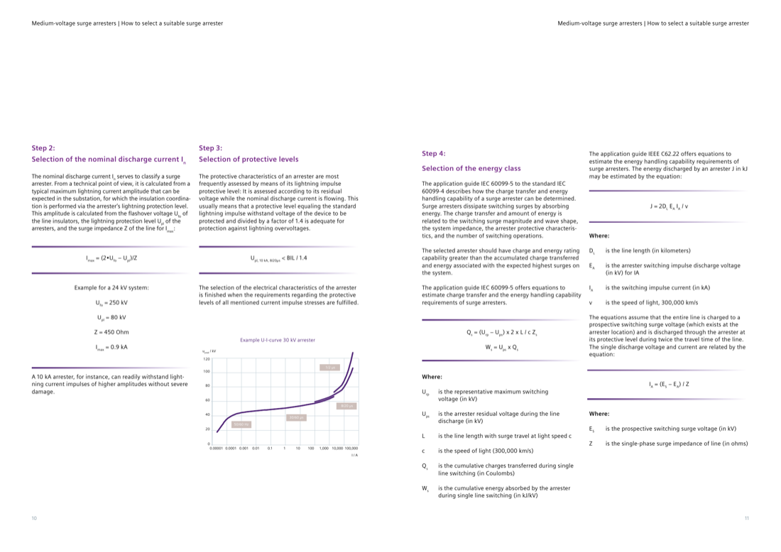 Selection method steps 2–4: nominal discharge current, protective levels and energy class, with the example U-I characteristic curve of a 30 kV arrester.