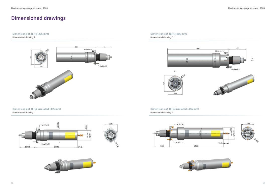 3EH4 plug-in arrester dimensioned drawings for the 335 mm and 466 mm earthed housings (drawings B and C) and insulated housings (drawings J and K), M10x16 terminal and 3x M8x35 fixing details (catalog pages 58–59).