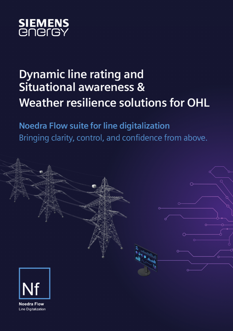 Brochure cover: line-mounted DLR sensors on overhead transmission towers feeding a live monitoring dashboard, with the Noedra Flow (Nf) Line Digitalization suite mark
