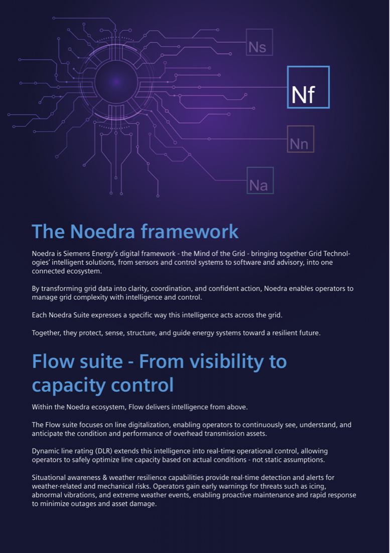 The Noedra framework: the Flow (Nf) suite highlighted among the Noedra suite elements (Ns, Nn, Na) within the connected grid-intelligence ecosystem