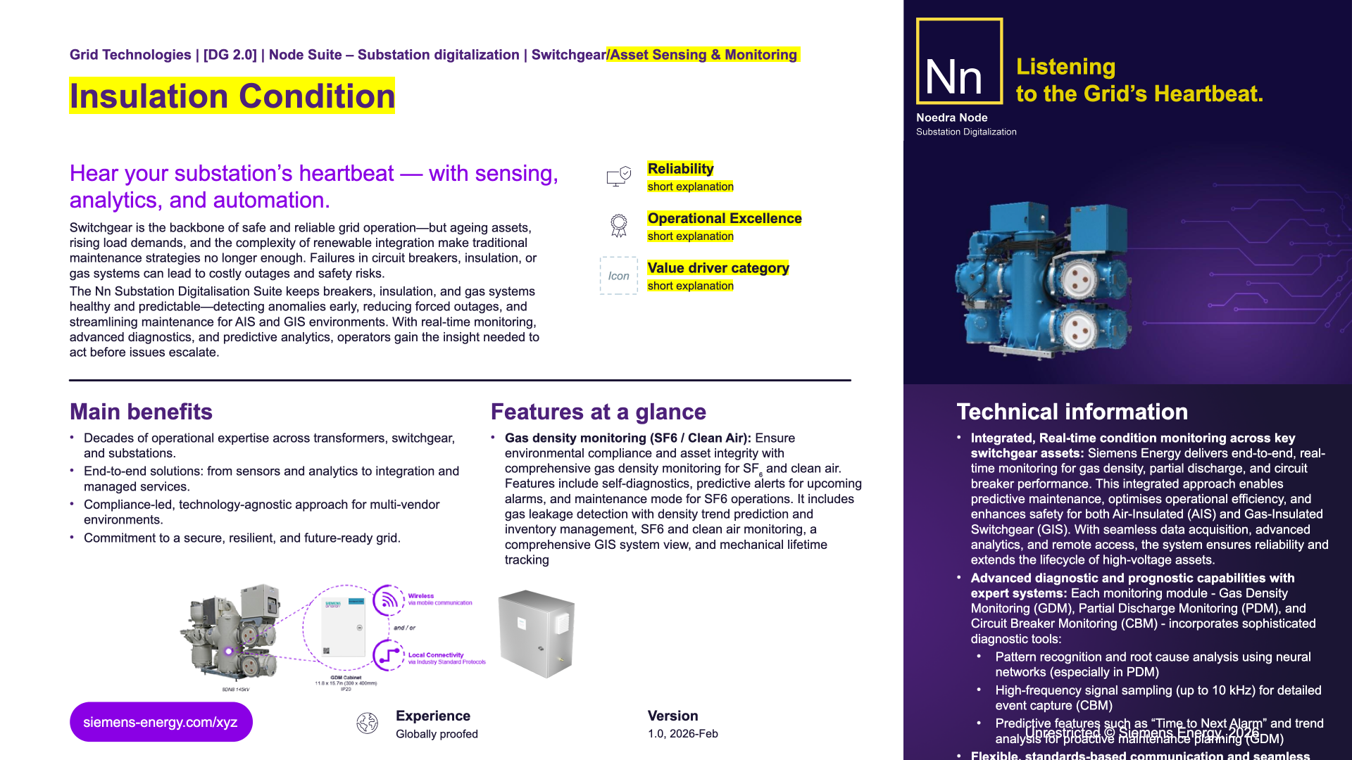 Insulation Condition one-pager — gas density monitoring (GDM) for SF6 and clean air: 8DN8 145 kV bay with GDM cabinet, wireless or local connectivity options, and the shared Node switchgear framing (slide 3).