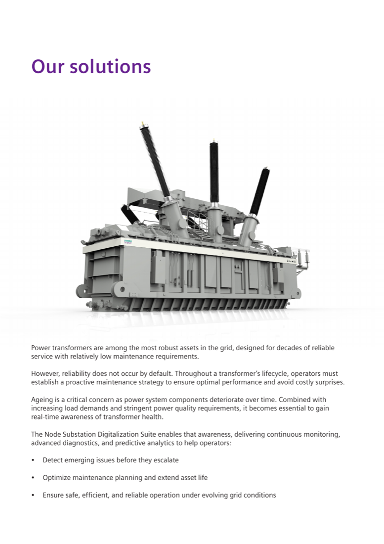 Power transformer covered by the Node Substation Digitalization Suite's continuous monitoring and predictive analytics