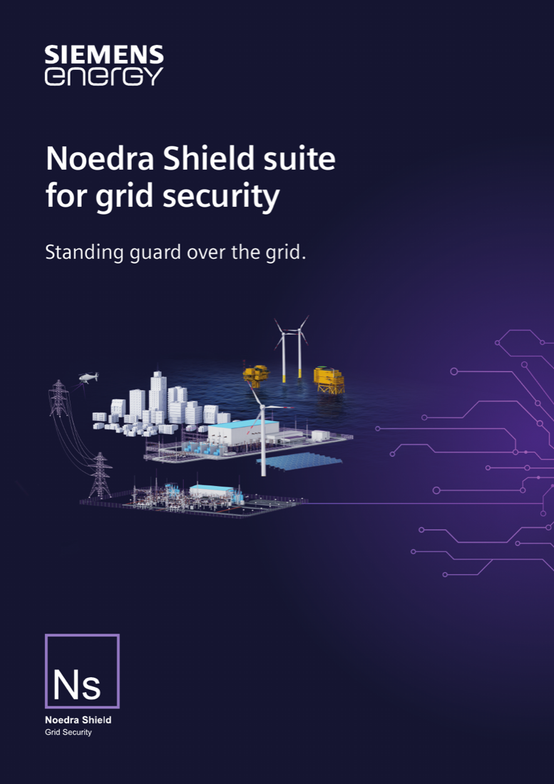 Cover — Noedra Shield suite for grid security: grid ecosystem illustration spanning offshore wind, substations, urban load and control infrastructure, with the Ns (Noedra Shield, Grid Security) suite mark.