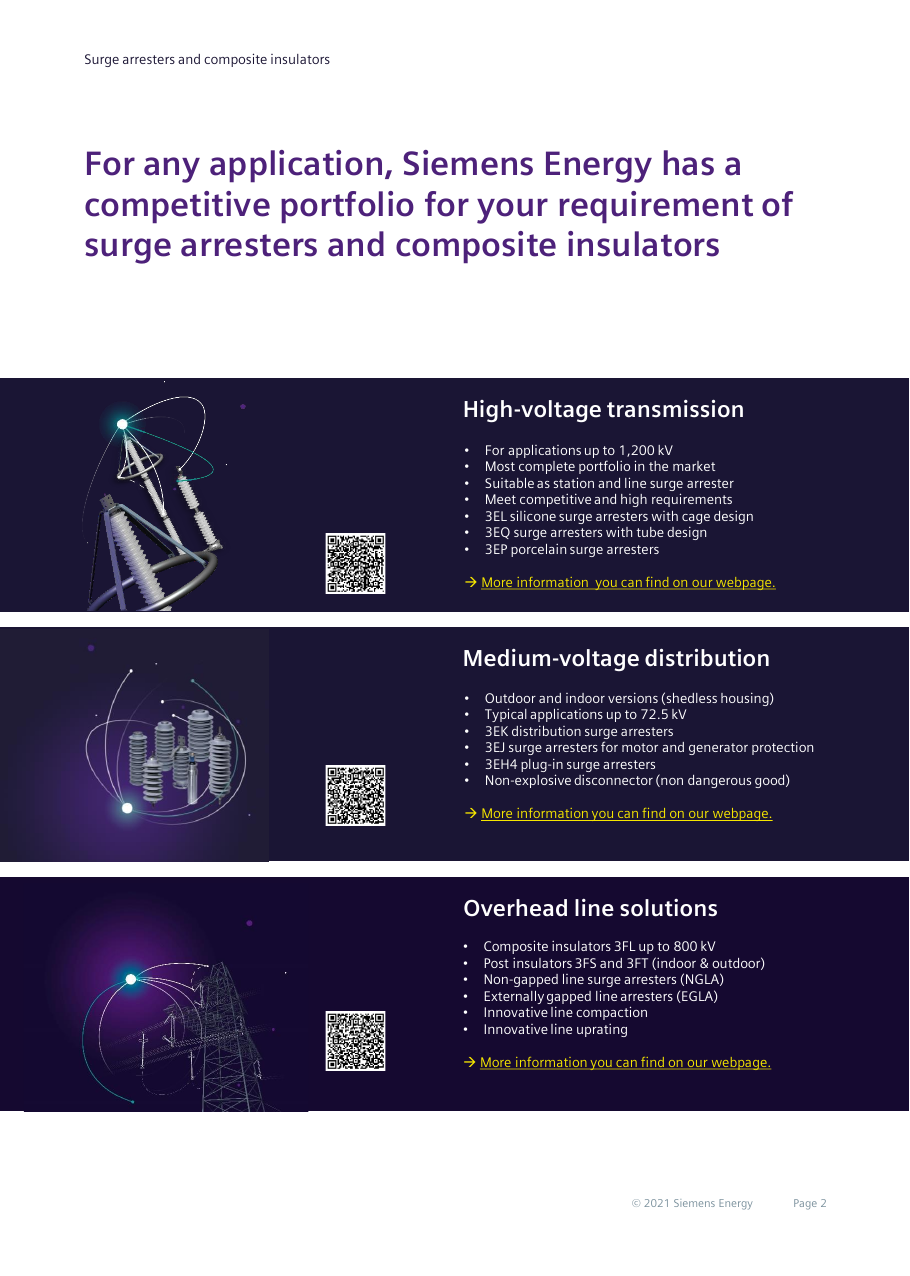 Portfolio overview page 2: high-voltage transmission (3EL cage design, 3EQ tube design, 3EP porcelain), medium-voltage distribution (3EK, 3EJ, 3EH4) and overhead line solutions (3FL, 3FS/3FT, NGLA/EGLA) segments with key bullet specifications.
