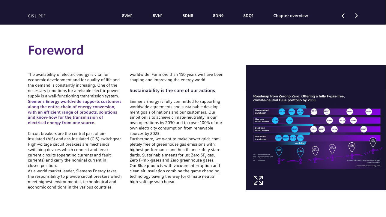 Foreword spread with the 'Roadmap from Zero to Zero': F-gas-free Blue portfolio milestones for GIS, live-tank and dead-tank circuit breakers and instrument transformers through 2030 (brochure page 3).