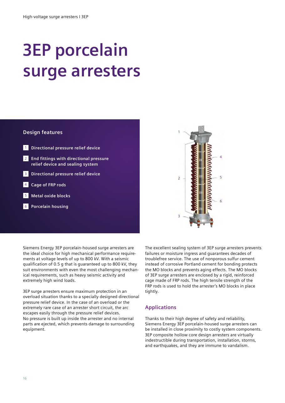 3EP porcelain surge arrester: labeled cutaway with directional pressure relief devices top and bottom, FRP-rod cage, metal oxide blocks and porcelain housing (guide page 16).