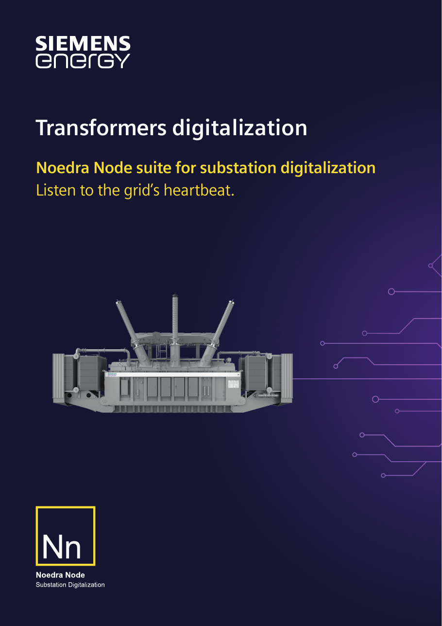 Brochure cover: Transformers digitalization — Noedra Node suite for substation digitalization, with power transformer rendering and the Nn Substation Digitalization badge (page 1).