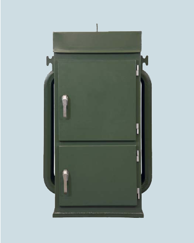 The Padmount Voltage Regulator in its tamper-resistant, rugged green padmount cabinet — two-compartment secured enclosure with lifting lugs; product photo from the datasheet cover (page 1).