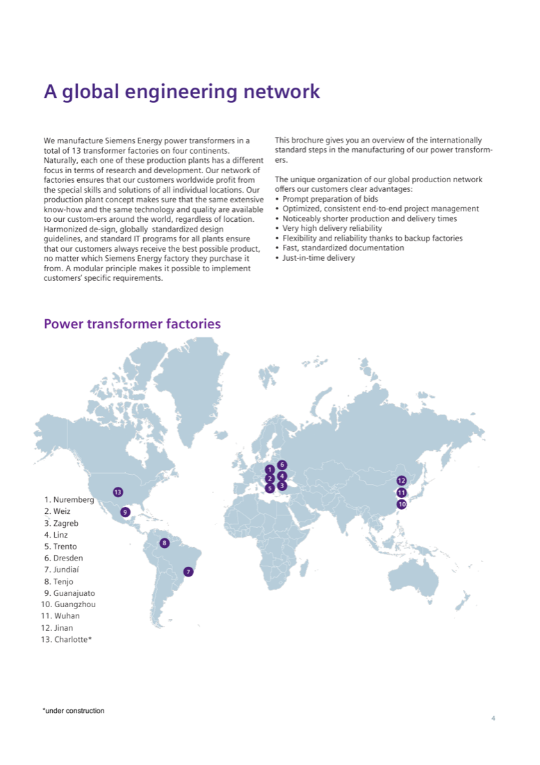 Global engineering network: 13 power transformer factories on four continents, from Nuremberg to Charlotte