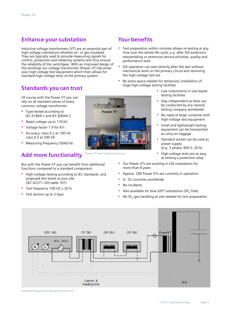 Power VT high-voltage test set-up photo and simplified test diagram (Control- & Feeding Unit: CPC 100, CP TR1, CP CR1 feeding the Power VT in the GIS), alongside the standards, functionality and benefits content