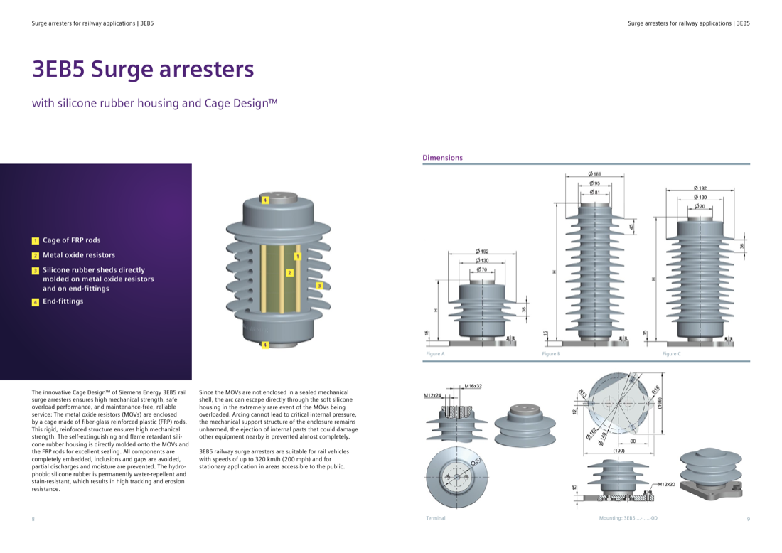 3EB5 Cage Design — cutaway showing FRP-rod cage and directly molded silicone housing, with dimension drawings for figures A/B/C, terminal detail (M12x24/M16x32) and -0D mounting