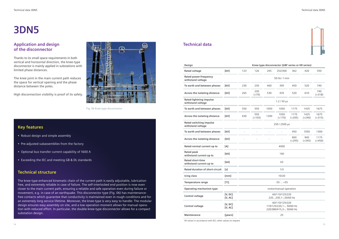 3DN5 knee-type disconnector — compact substation design, key features and IEC ratings table (123–550 kV, up to 4000 A)