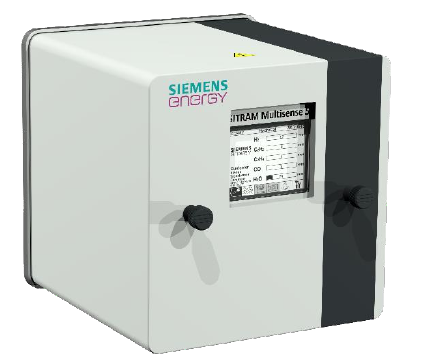 SITRAM Multisense 5 unit — compact aluminum IP55 housing with front display and keypad showing per-gas readings (H2, C2H2, C2H4, CO, H2O), brochure page 1