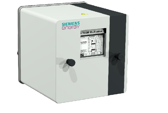SITRAM Multisense product photo from the brochure cover page: compact valve-mounted DGA monitor with integrated display and keypad, light-grey housing with dark rear section (page 1).