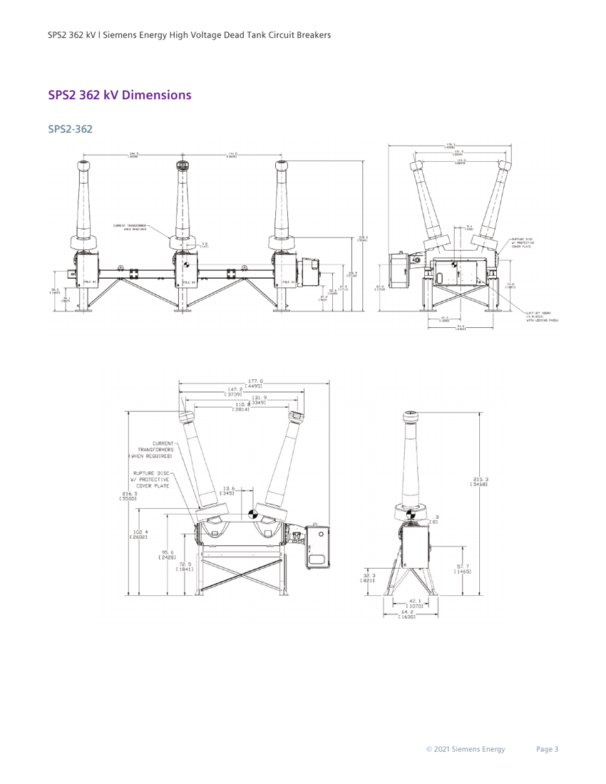 SPS2-362 dimensioned outline drawings — three-pole front view, side view and per-pole views, inches [mm]