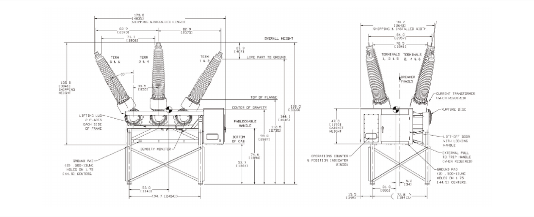 SPS2-245 dimensioned outline drawing, front and side elevations — 173.8 in [4835] shipping/installed length, 188.0 in [5303] overall height, 98.2 in [2642] width (page 3).