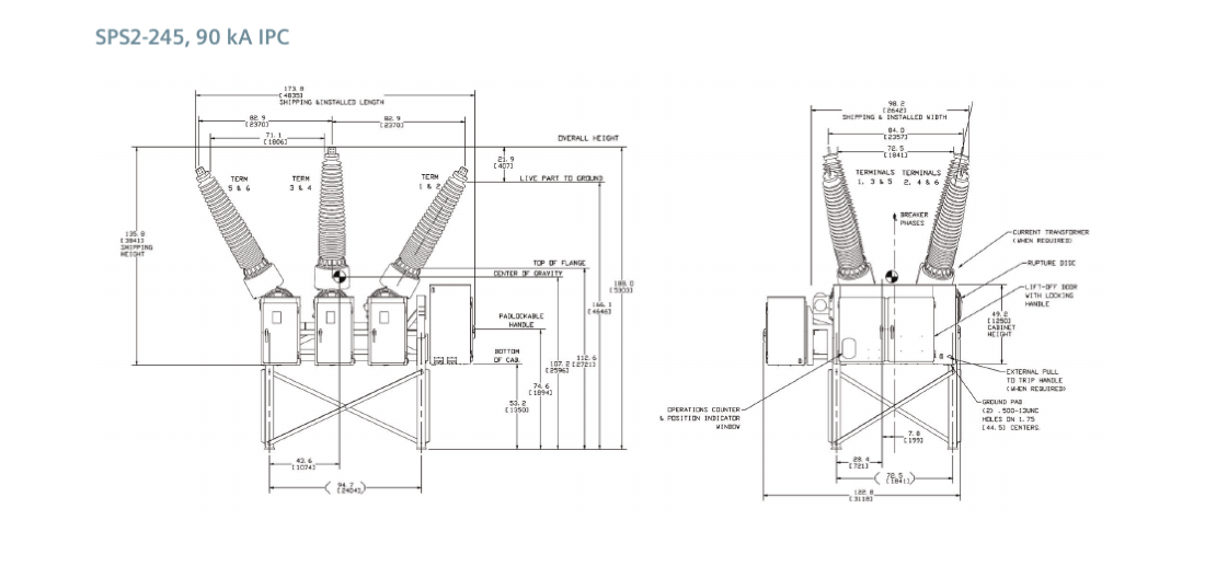 SPS2-245, 90 kA IPC variant outline drawing with per-phase mechanism cabinets, front and side elevations (page 3).