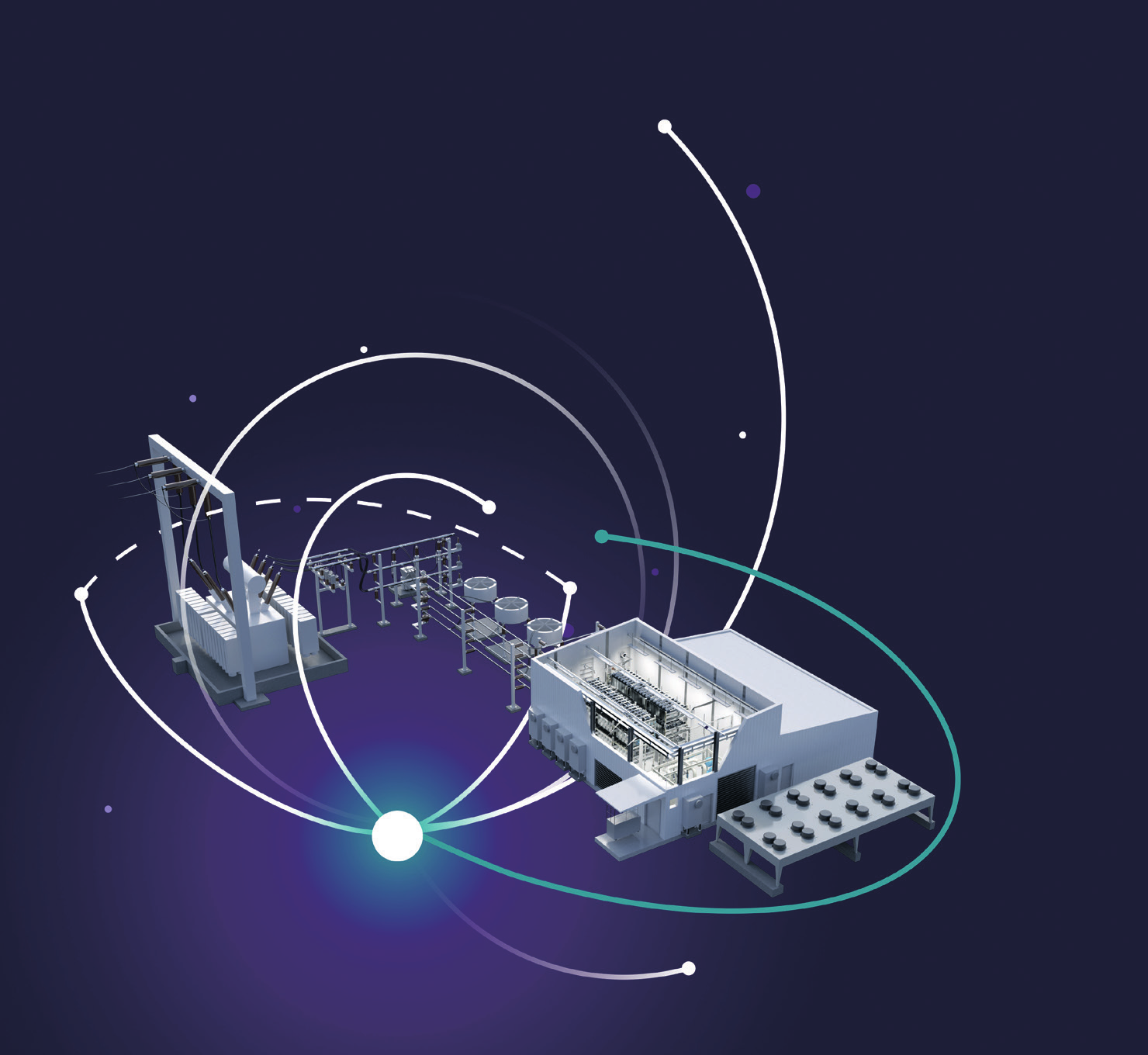 Cover illustration: isometric rendering of an SVC PLUS station — power transformer, coupling reactors and AC switchyard connected to the converter building with outdoor coolers (page 1).
