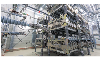 Interior view of the supercapacitor hall — stacked equipment racks of the SVC PLUS FS installation