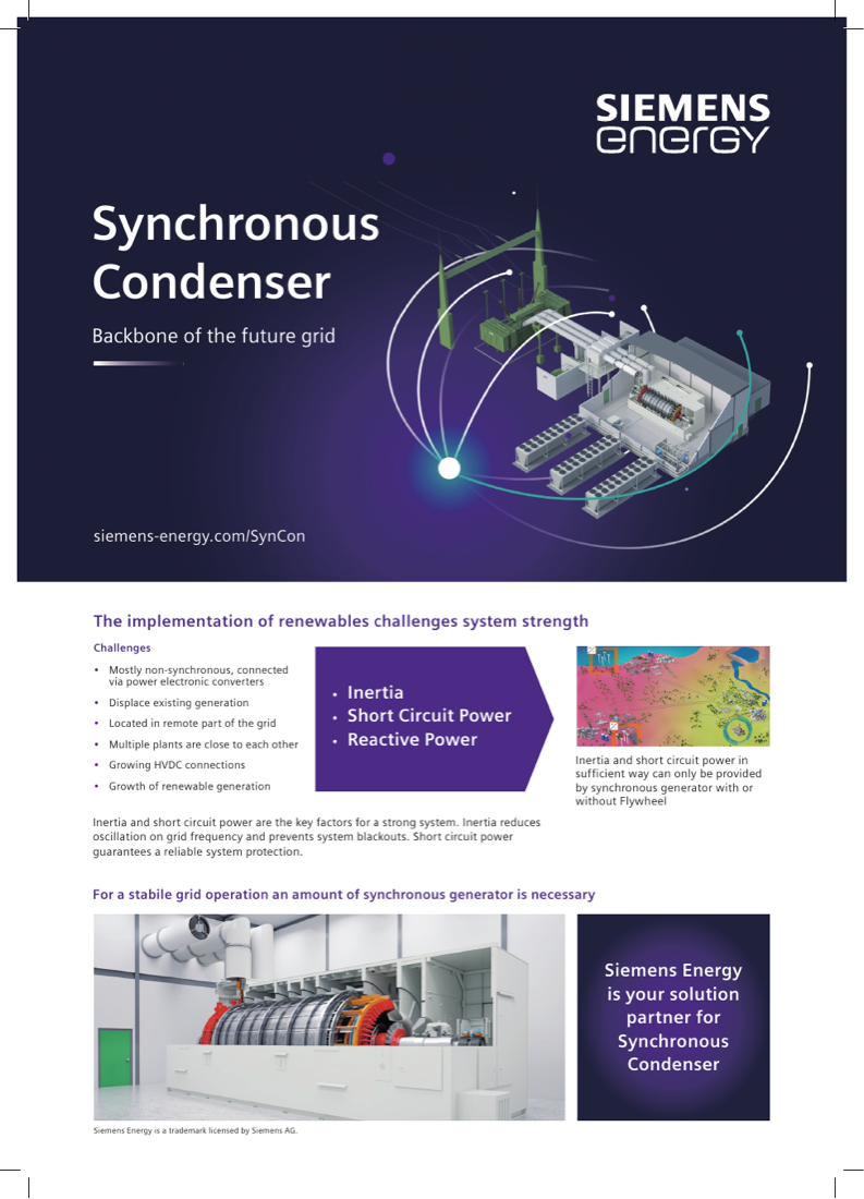 Full flyer page: "Synchronous Condenser — Backbone of the future grid" cover panel with substation/condenser-hall illustration, Inertia / Short Circuit Power / Reactive Power key-factor callout, and cutaway photo of a containerized synchronous condenser machine