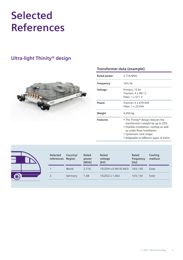 Ultra-light Thinity® design — product photo with example transformer data (2.716 MVA, 16⅔ Hz, 4,450 kg) and selected references