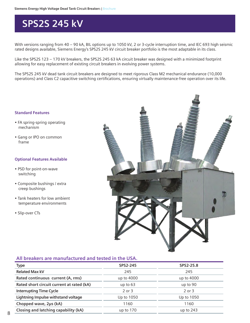 SPS2S 245 kV dead tank circuit breaker — product view with standard/optional features and ratings table (40–90 kA, BIL up to 1050 kV, 2- or 3-cycle).
