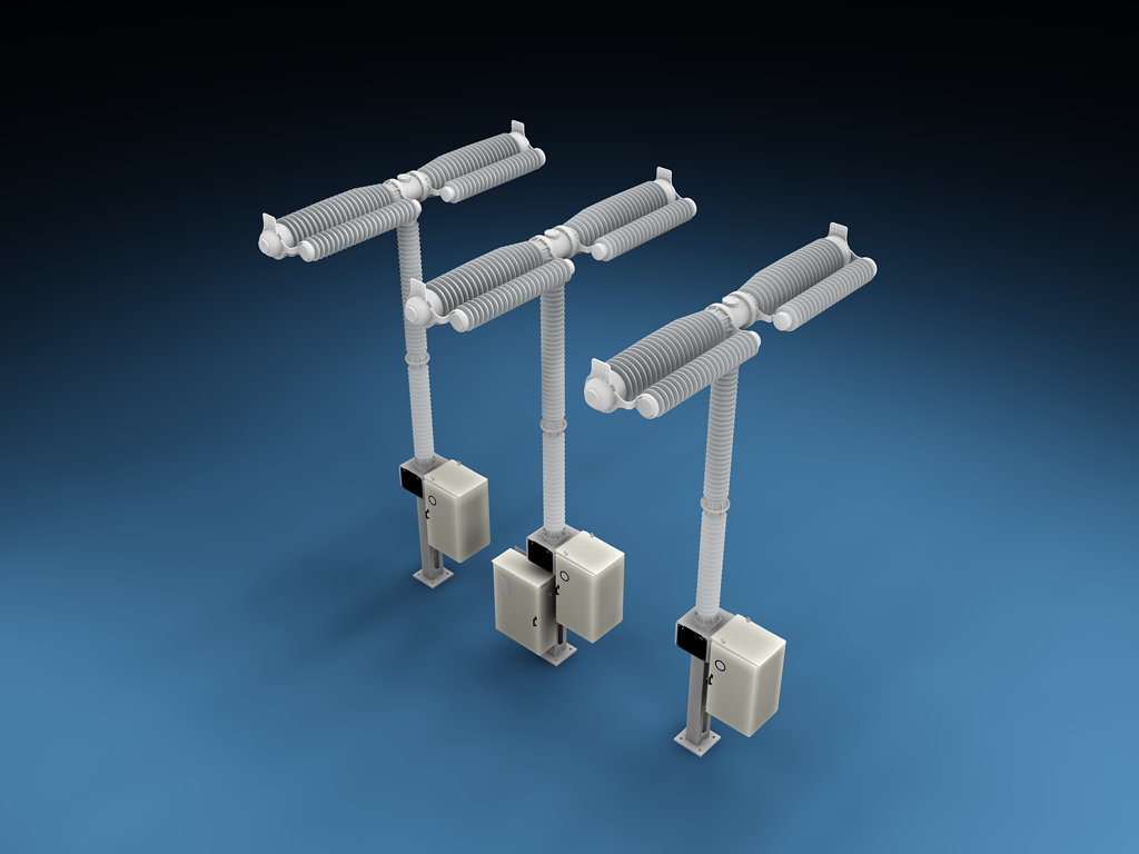 Three-pole 3AP2 FI arrangement, elevated view: two interrupter units per pole, each pole on its own base frame with spring operating mechanism (manufacturer render)