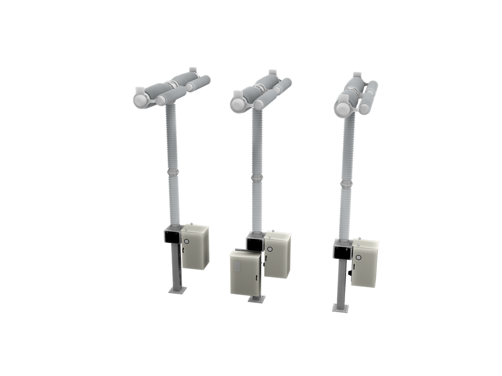 Front elevation of the three poles with control cubicles and pole columns (manufacturer render)