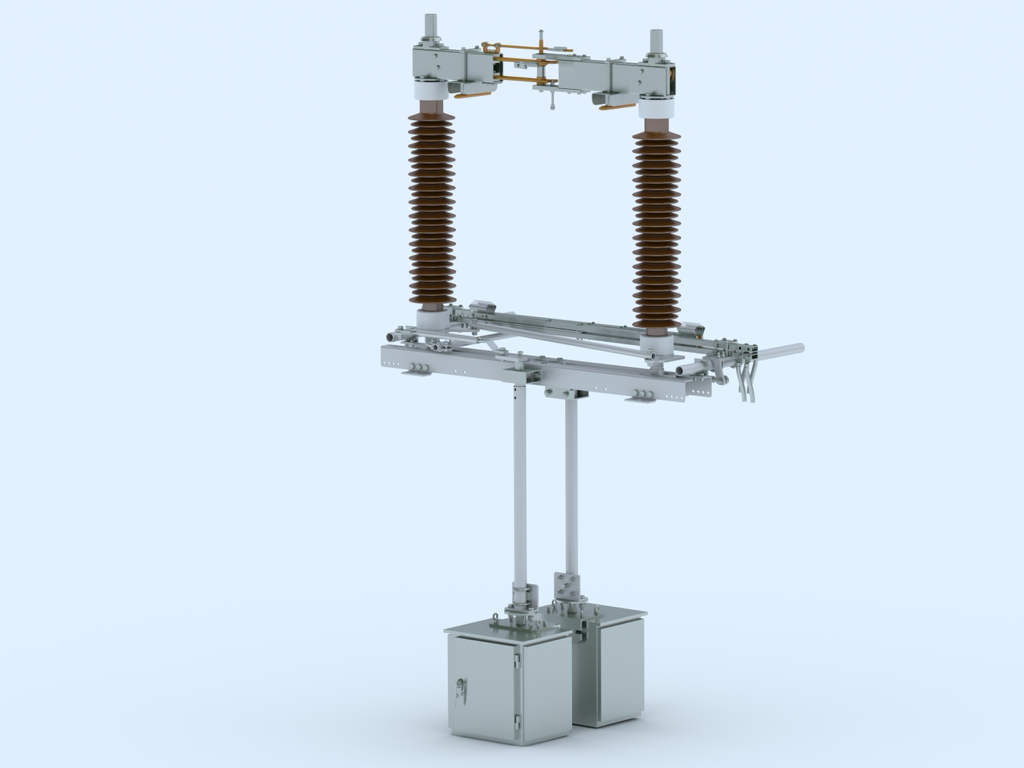 Front view, current path closed: contact zone at pole centre, with drive linkages down to the two operating-mechanism cabinets