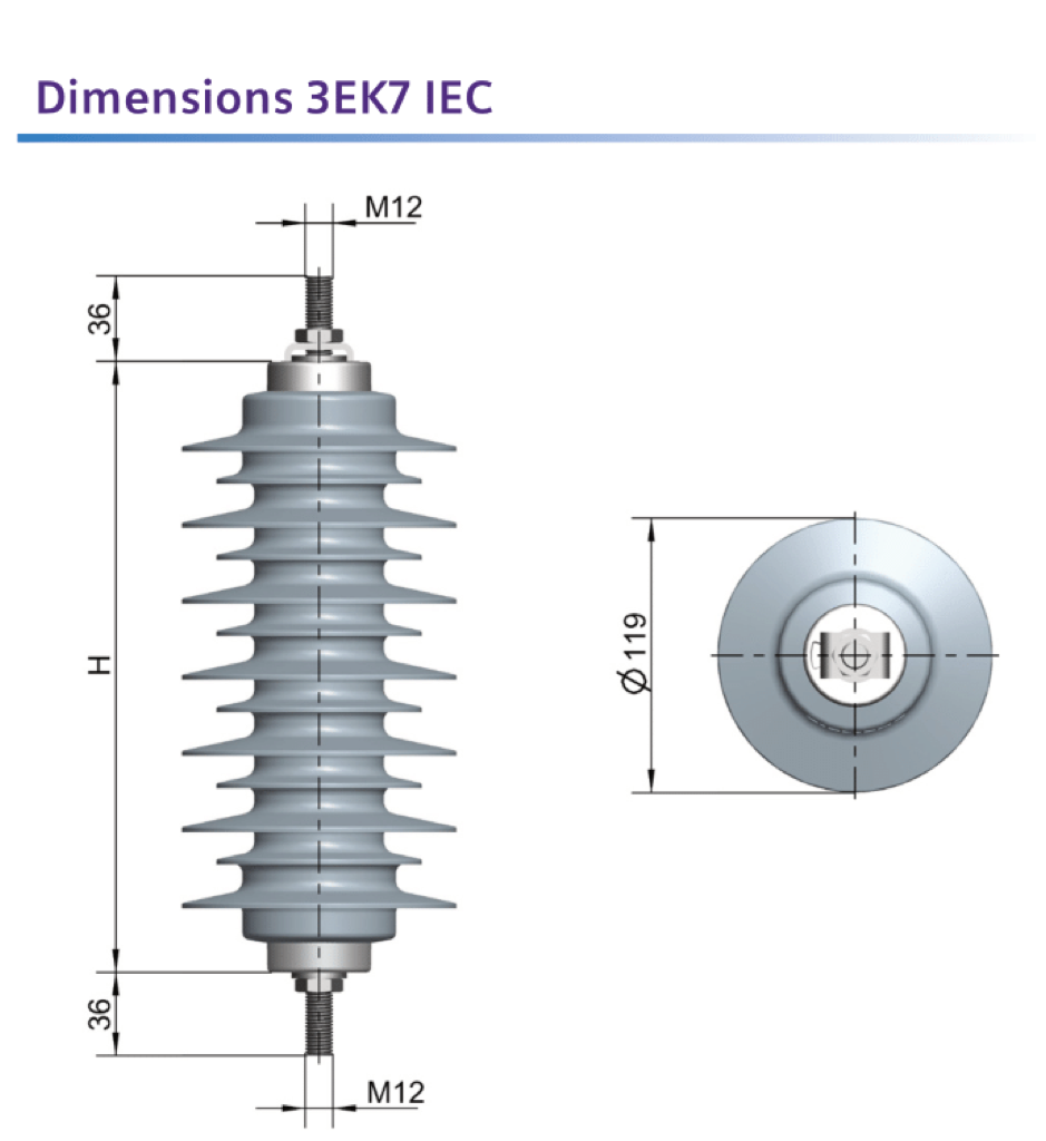 Dimension drawing, 3EK7 IEC outdoor: M12 terminal studs, shed diameter 119 mm, height H per housing size